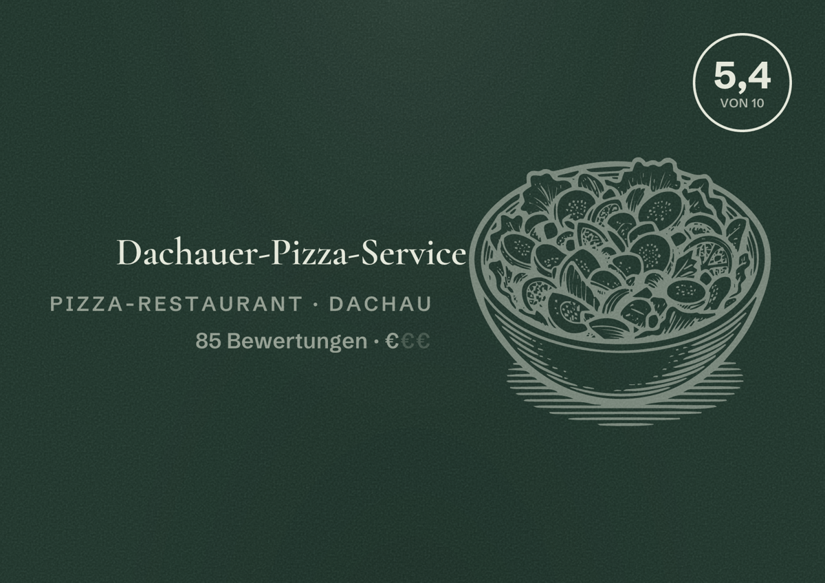 Illustriertes Poster von Dachauer-Pizza-Service, Pizza-Restaurant in Dachau: Bewertung 5,4 von 10 aus 85 Bewertungen, Preisniveau €