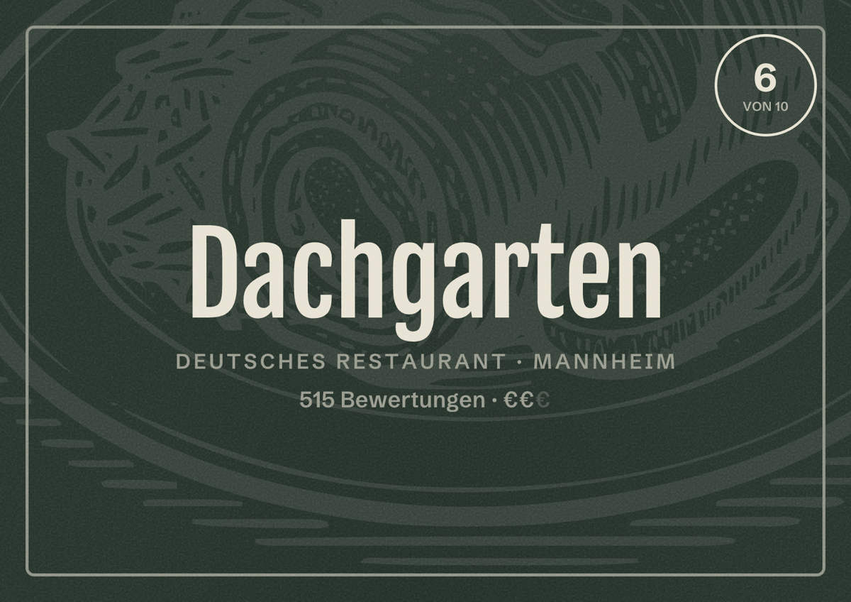 Illustriertes Poster von Dachgarten, Deutsches Restaurant in Mannheim: Bewertung 6 von 10 aus 515 Bewertungen, Preisniveau €€