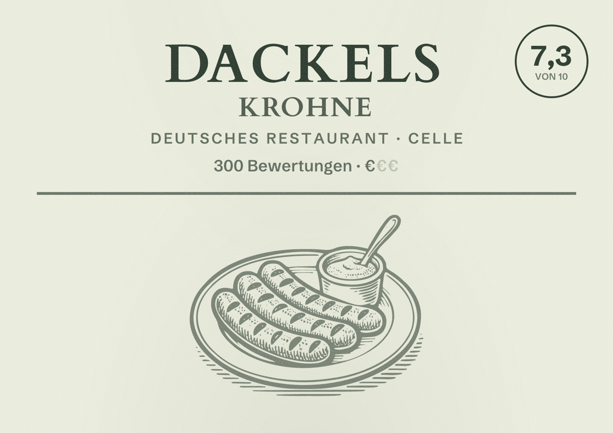 Illustriertes Poster von Dackels Krohne, Deutsches Restaurant in Celle: Bewertung 7,3 von 10 aus 300 Bewertungen, Preisniveau €