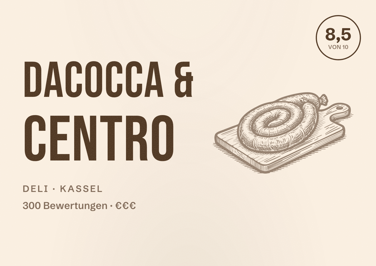 Illustriertes Poster von DaCocca & Centro, Deli in Kassel: Bewertung 8,5 von 10 aus 300 Bewertungen, Preisniveau €€€