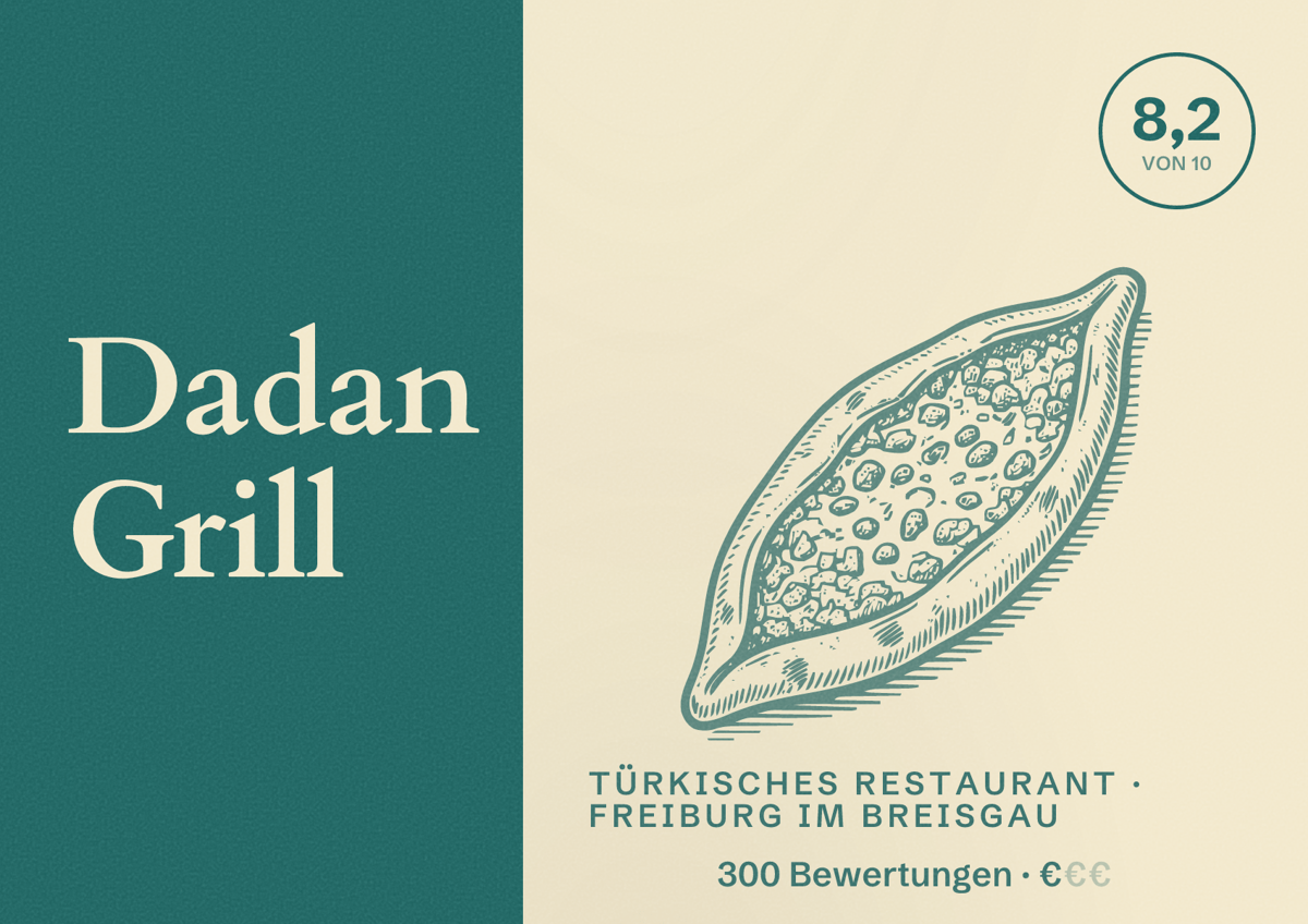 Illustriertes Poster von Dadan Grill, Türkisches Restaurant in Freiburg im Breisgau: Bewertung 8,2 von 10 aus 300 Bewertungen, Preisniveau €