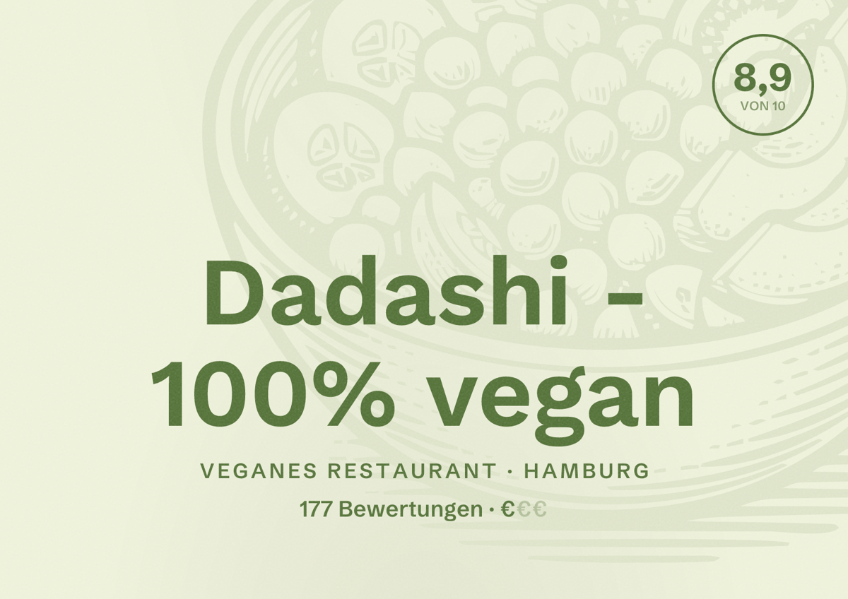 Illustriertes Poster von Dadashi - 100% vegan, Veganes Restaurant in Hamburg: Bewertung 8,9 von 10 aus 177 Bewertungen, Preisniveau €
