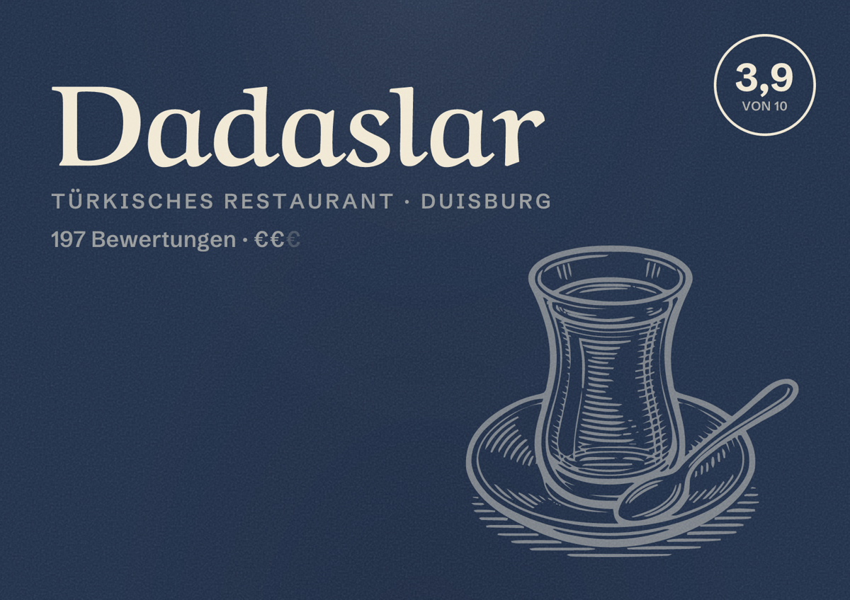 Illustriertes Poster von Dadaslar, Türkisches Restaurant in Duisburg: Bewertung 3,9 von 10 aus 197 Bewertungen, Preisniveau €€