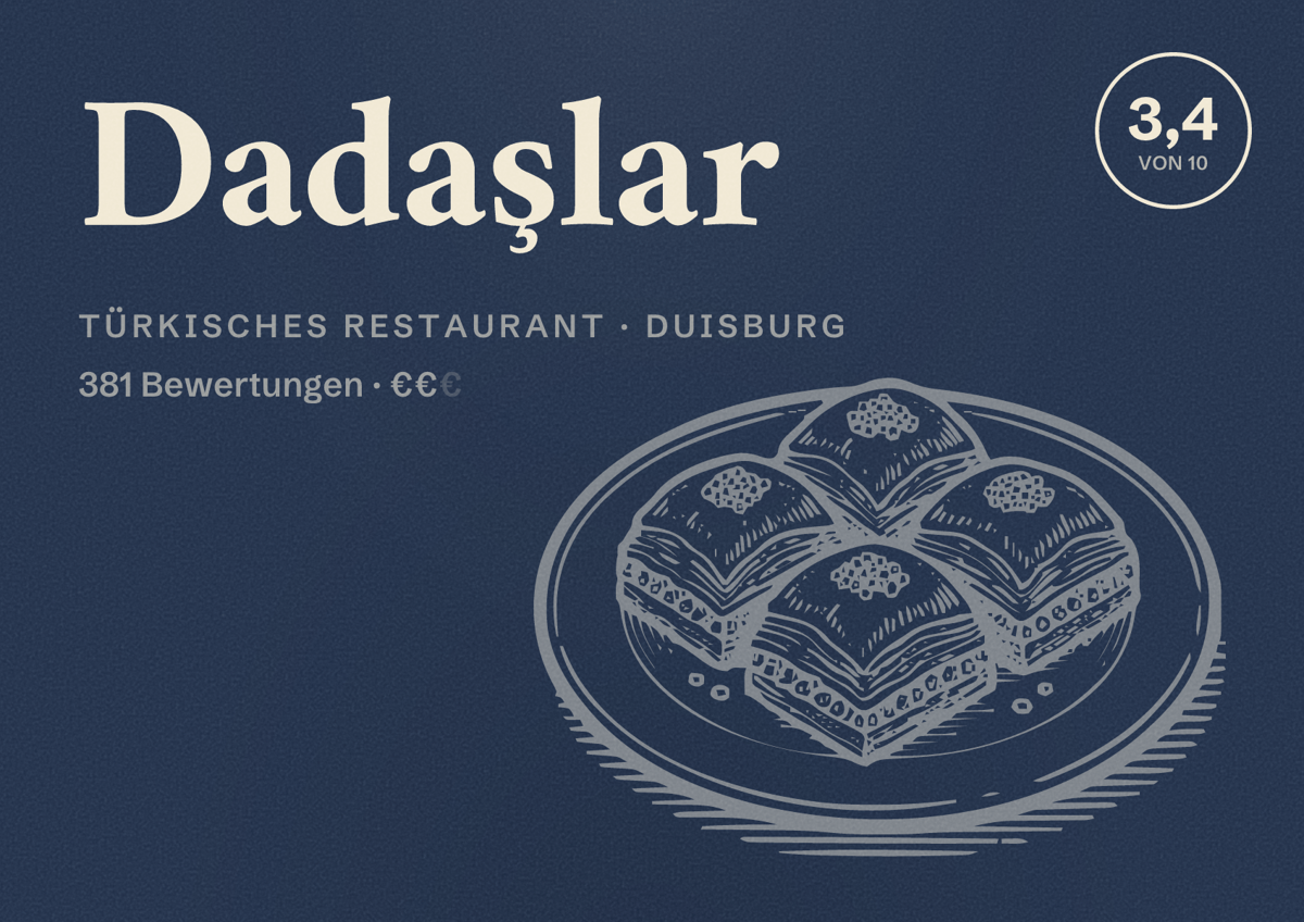 Illustriertes Poster von Dadaşlar, Türkisches Restaurant in Duisburg: Bewertung 3,4 von 10 aus 381 Bewertungen, Preisniveau €€