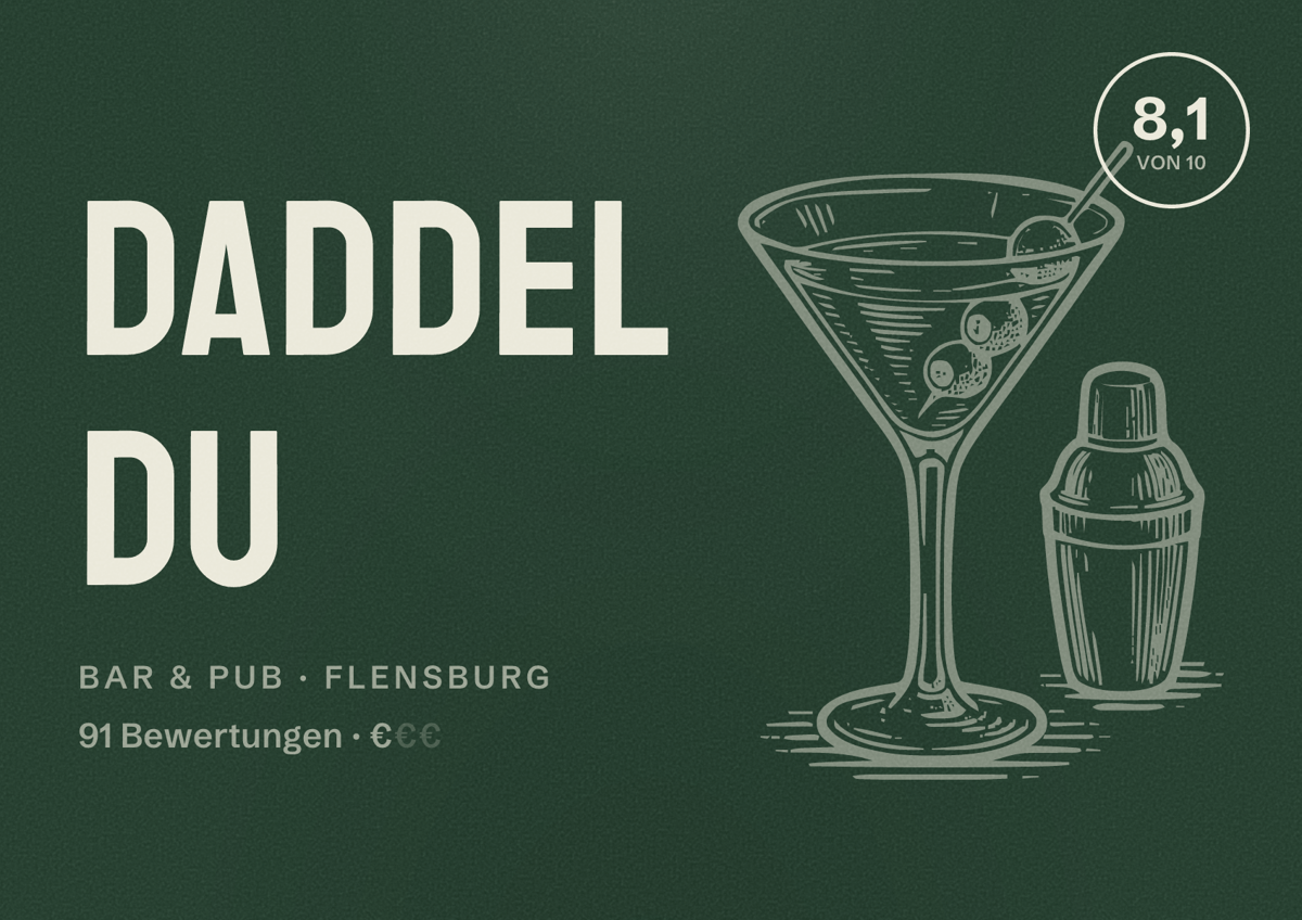Illustriertes Poster von Daddel Du, Bar & Pub in Flensburg: Bewertung 8,1 von 10 aus 91 Bewertungen, Preisniveau €