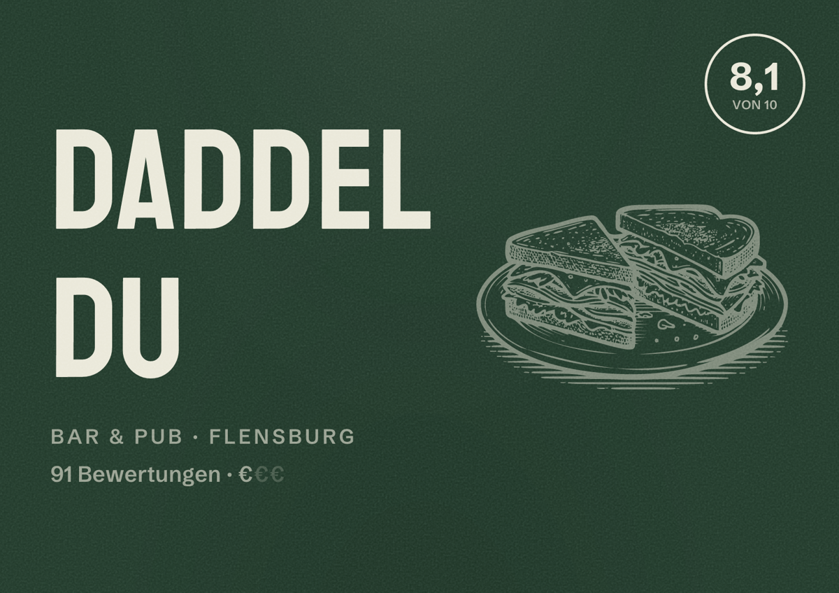 Illustriertes Poster von Daddel Du, Bar & Pub in Flensburg: Bewertung 8,1 von 10 aus 91 Bewertungen, Preisniveau €