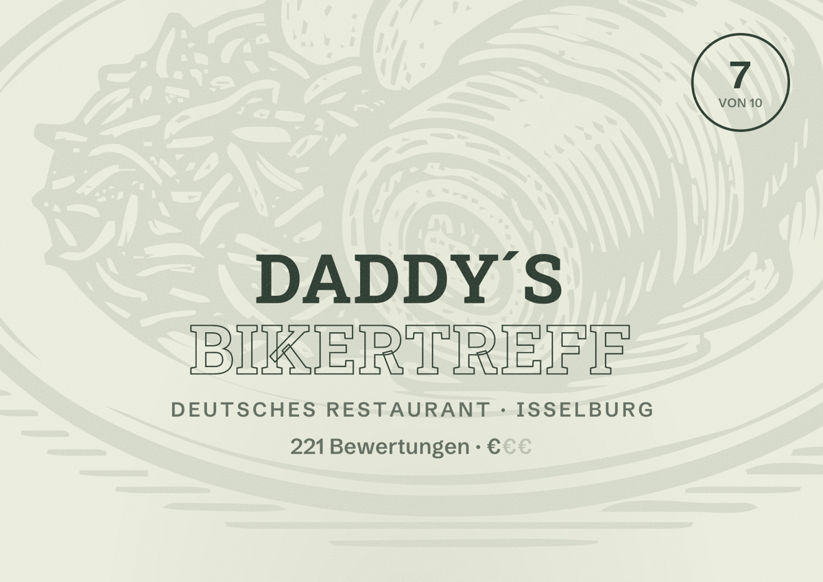 Illustriertes Poster von Daddy´s Bikertreff, Deutsches Restaurant in Isselburg: Bewertung 7 von 10 aus 221 Bewertungen, Preisniveau €