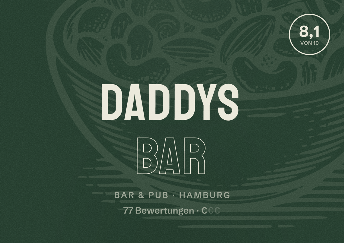 Illustriertes Poster von DADDYS BAR, Bar & Pub in Hamburg: Bewertung 8,1 von 10 aus 77 Bewertungen, Preisniveau €