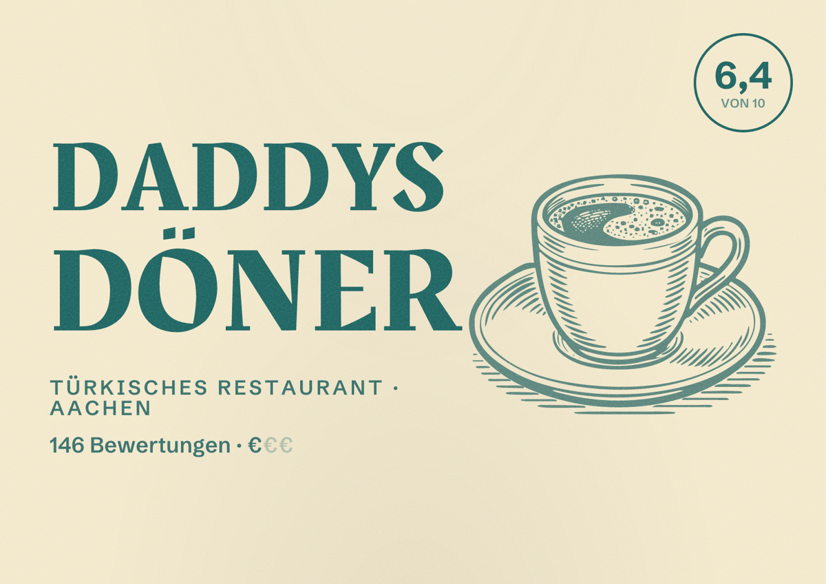 Illustriertes Poster von Daddys Döner, Türkisches Restaurant in Aachen: Bewertung 6,4 von 10 aus 146 Bewertungen, Preisniveau €