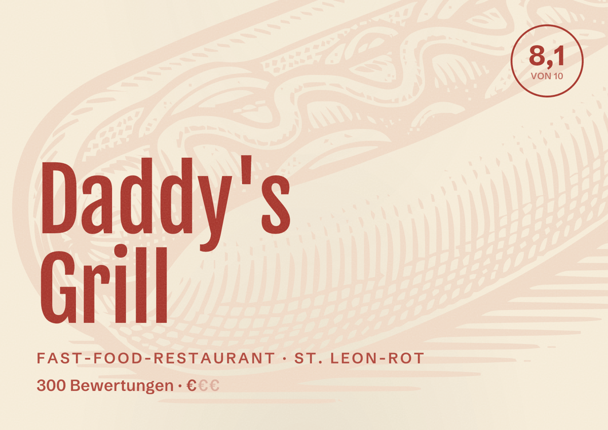 Illustriertes Poster von Daddy's Grill, Fast-Food-Restaurant in St. Leon-Rot: Bewertung 8,1 von 10 aus 300 Bewertungen, Preisniveau €