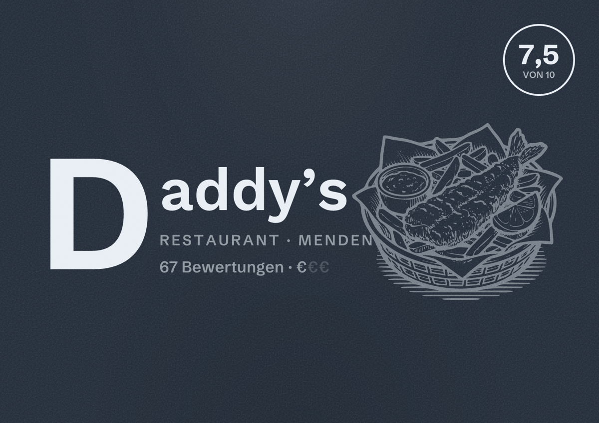 Illustriertes Poster von Daddy’s, Restaurant in Menden: Bewertung 7,5 von 10 aus 67 Bewertungen, Preisniveau €