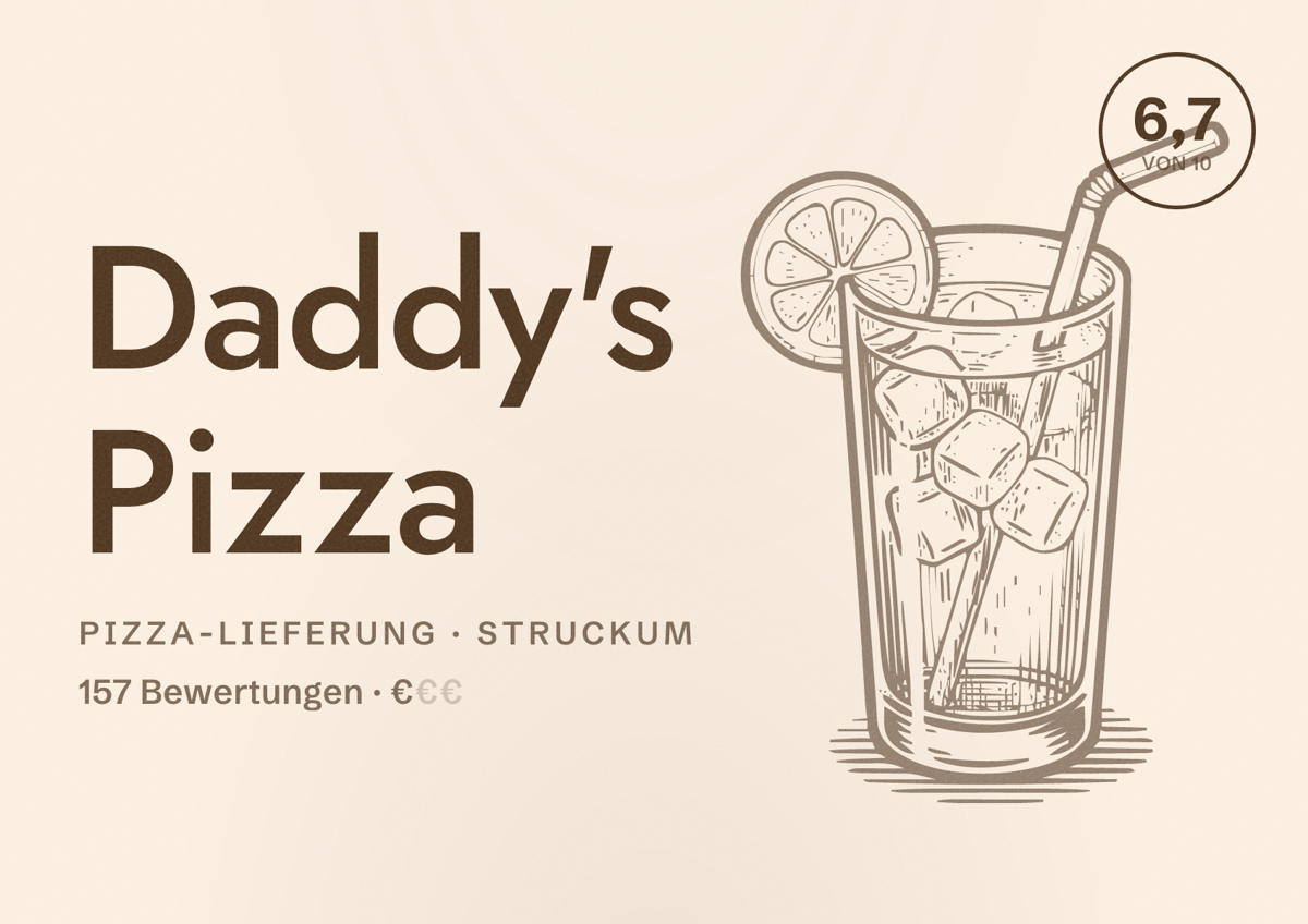 Illustriertes Poster von Daddy's Pizza, Pizza-Lieferung in Struckum: Bewertung 6,7 von 10 aus 157 Bewertungen, Preisniveau €