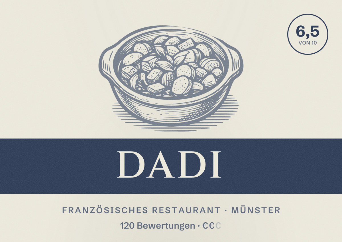 Illustriertes Poster von DADI, Französisches Restaurant in Münster: Bewertung 6,5 von 10 aus 120 Bewertungen, Preisniveau €€