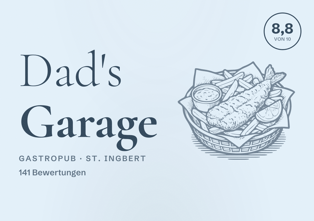 Illustriertes Poster von Dad's Garage, Gastropub in St. Ingbert: Bewertung 8,8 von 10 aus 141 Bewertungen