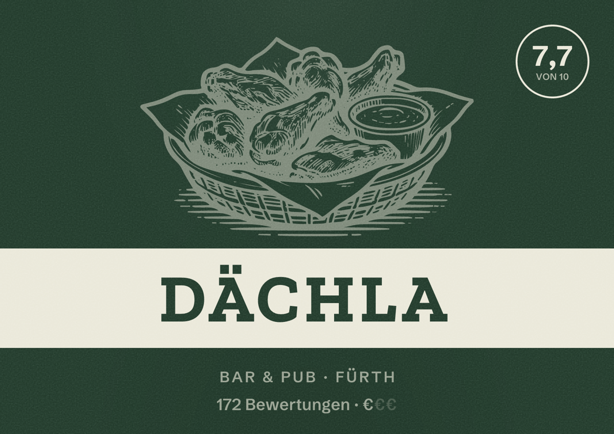 Illustriertes Poster von DÄCHLA, Bar & Pub in Fürth: Bewertung 7,7 von 10 aus 172 Bewertungen, Preisniveau €