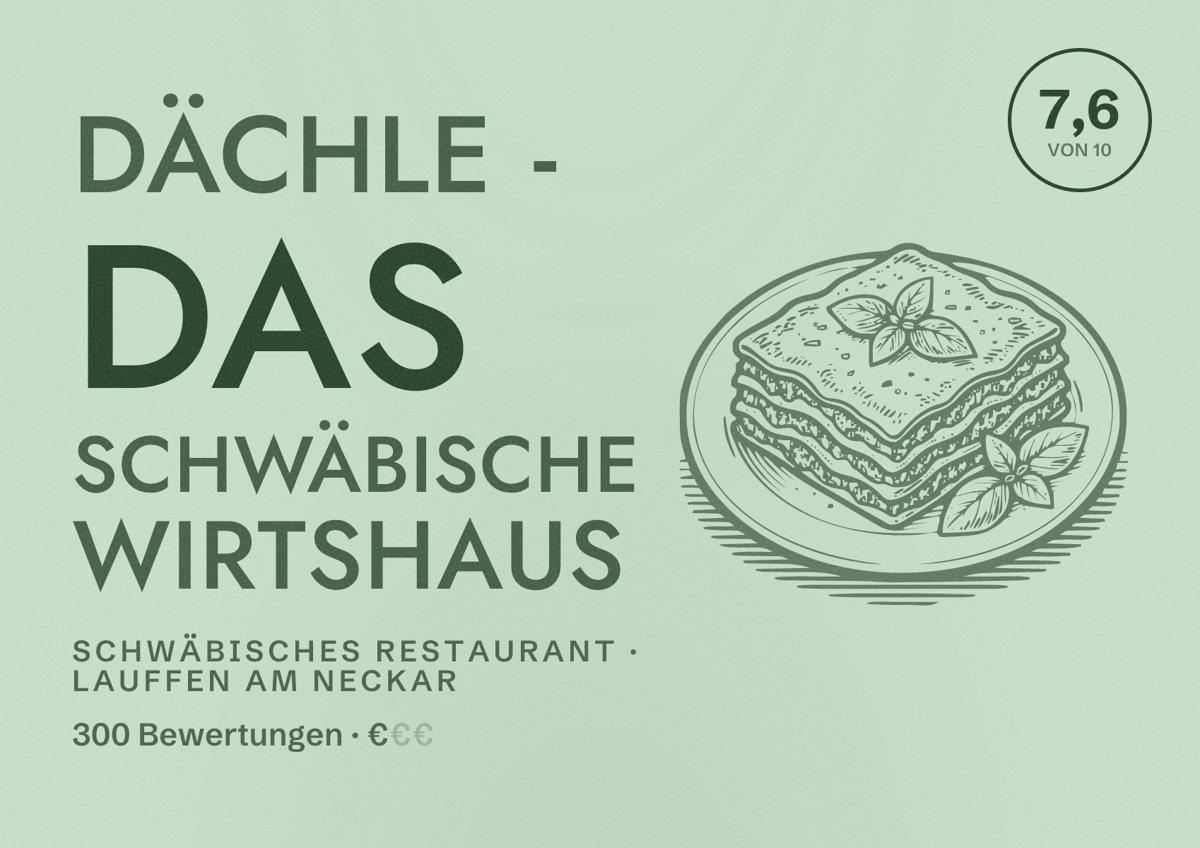 Illustriertes Poster von Dächle - Das schwäbische Wirtshaus, Schwäbisches Restaurant in Lauffen am Neckar: Bewertung 7,6 von 10 aus 300 Bewertungen, Preisniveau €