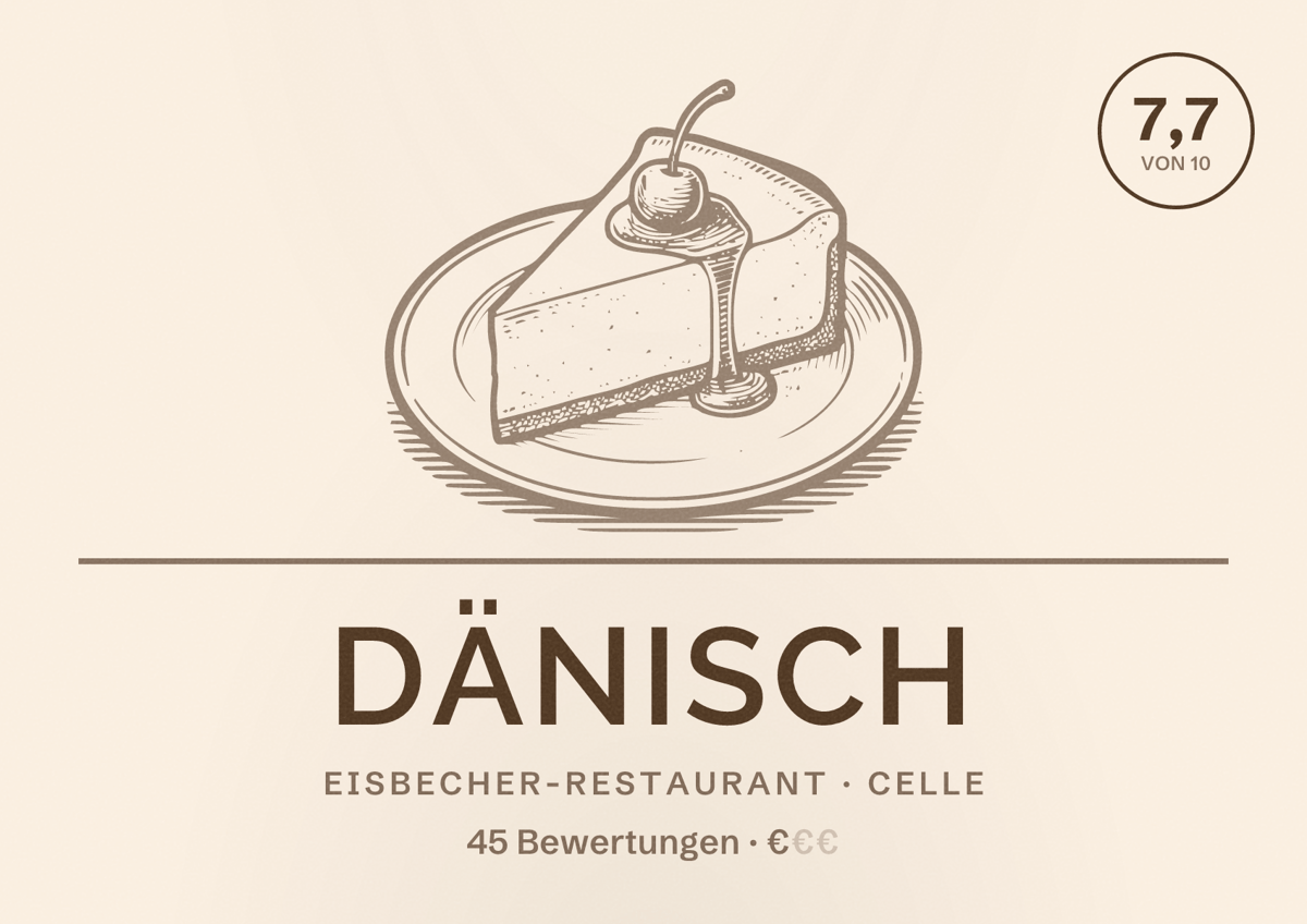 Illustriertes Poster von Dänisch, Eisbecher-Restaurant in Celle: Bewertung 7,7 von 10 aus 45 Bewertungen, Preisniveau €