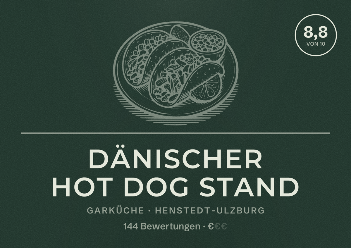 Illustriertes Poster von Dänischer Hot Dog Stand, Garküche in Henstedt-Ulzburg: Bewertung 8,8 von 10 aus 144 Bewertungen, Preisniveau €