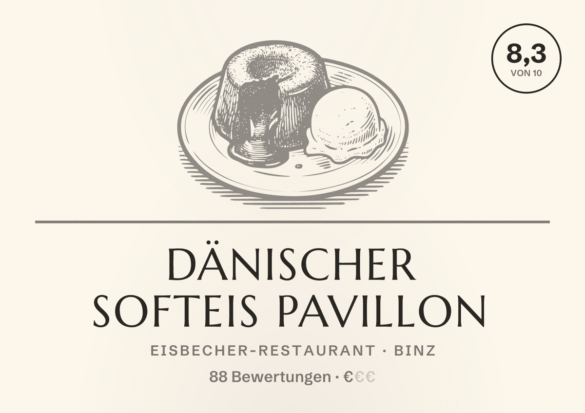 Illustriertes Poster von Dänischer Softeis Pavillon, Eisbecher-Restaurant in Binz: Bewertung 8,3 von 10 aus 88 Bewertungen, Preisniveau €