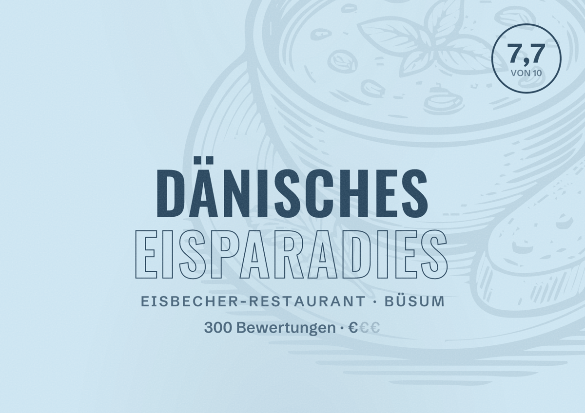 Illustriertes Poster von Dänisches Eisparadies, Eisbecher-Restaurant in Büsum: Bewertung 7,7 von 10 aus 300 Bewertungen, Preisniveau €