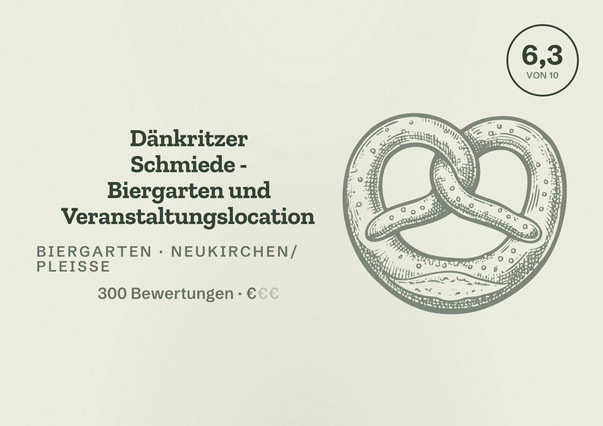 Illustriertes Poster von Dänkritzer Schmiede - Biergarten und Veranstaltungslocation, Biergarten in Neukirchen/Pleiße: Bewertung 6,3 von 10 aus 300 Bewertungen, Preisniveau €