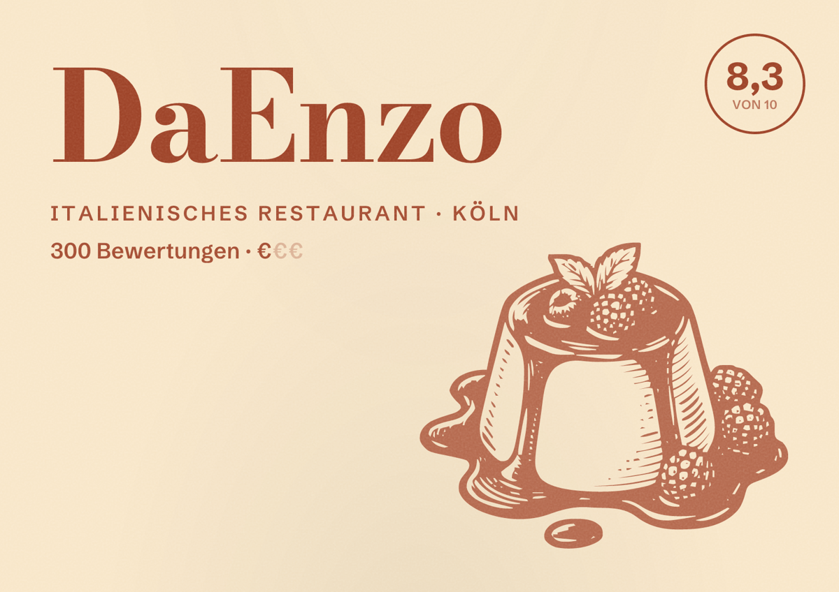 Illustriertes Poster von DaEnzo, Italienisches Restaurant in Köln: Bewertung 8,3 von 10 aus 300 Bewertungen, Preisniveau €