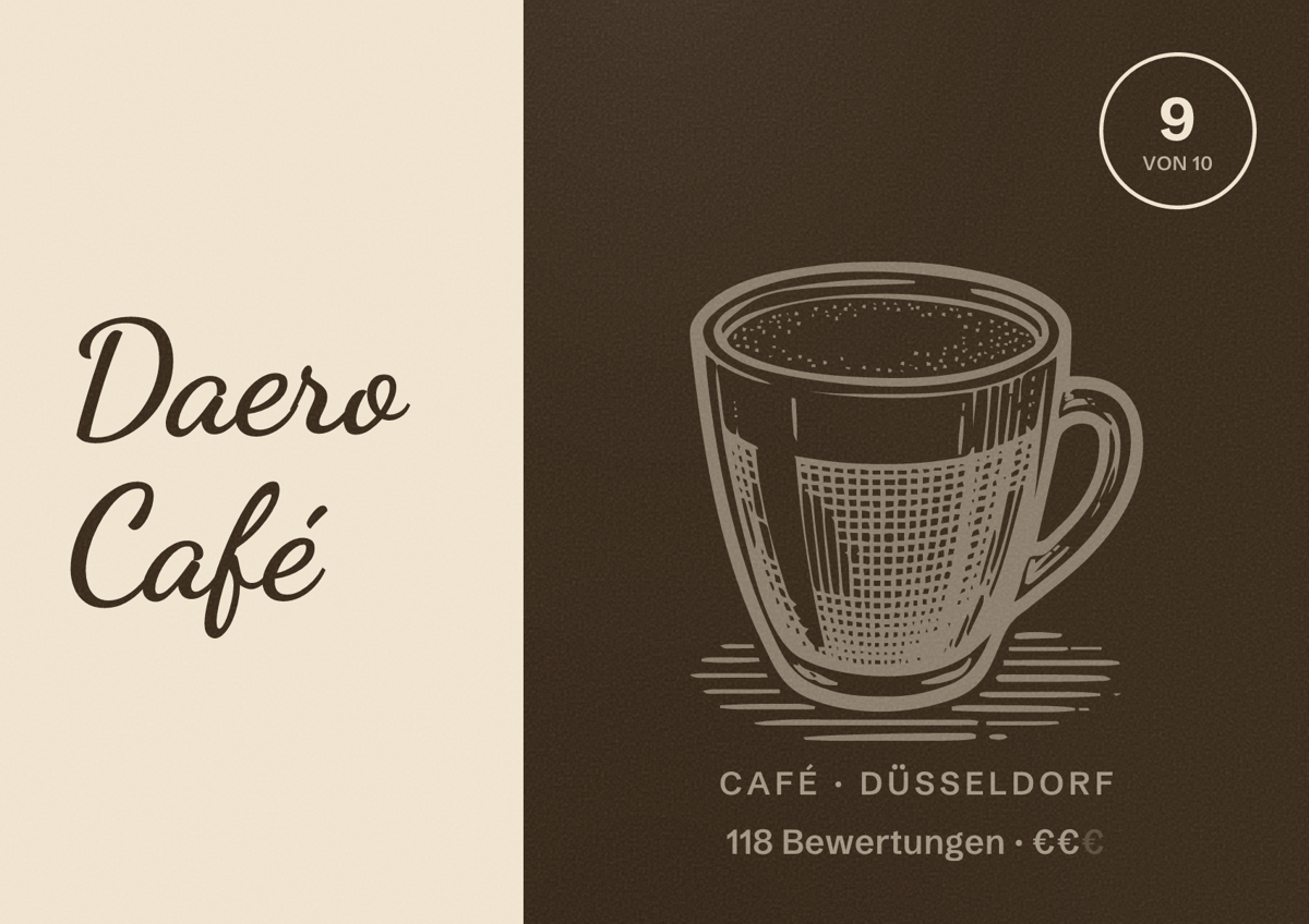 Illustriertes Poster von Daero Café, Café in Düsseldorf: Bewertung 9,0 von 10 aus 118 Bewertungen, Preisniveau €€