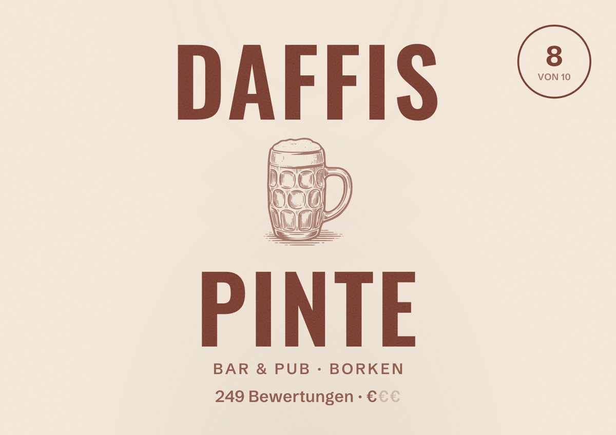 Illustriertes Poster von Daffis Pinte, Bar & Pub in Borken: Bewertung 8 von 10 aus 249 Bewertungen, Preisniveau €