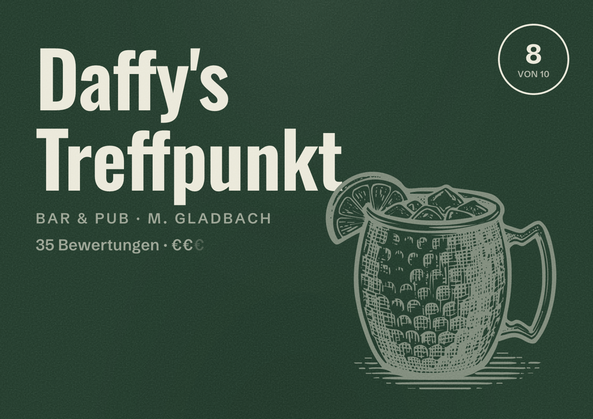 Illustriertes Poster von Daffy's Treffpunkt, Bar & Pub in M. Gladbach: Bewertung 8 von 10 aus 35 Bewertungen, Preisniveau €€