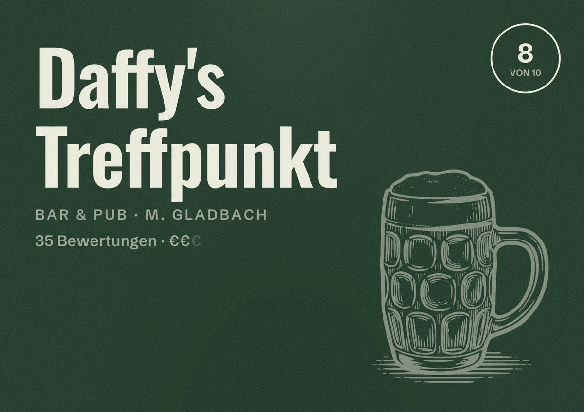 Illustriertes Poster von Daffy's Treffpunkt, Bar & Pub in M. Gladbach: Bewertung 8 von 10 aus 35 Bewertungen, Preisniveau €€