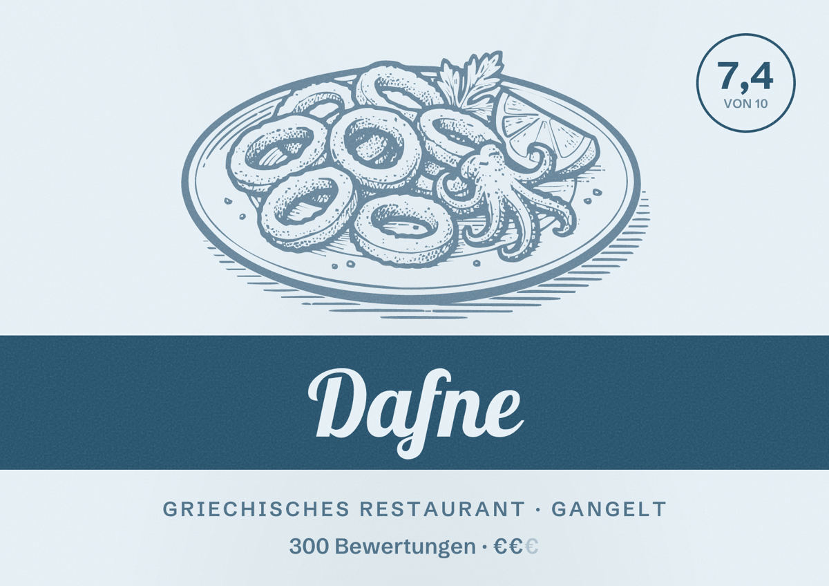 Illustriertes Poster von Dafne, Griechisches Restaurant in Gangelt: Bewertung 7,4 von 10 aus 300 Bewertungen, Preisniveau €€