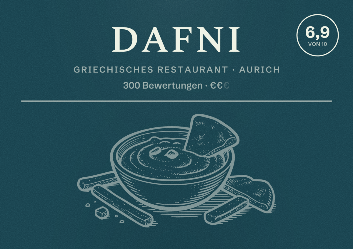 Illustriertes Poster von Dafni, Griechisches Restaurant in Aurich: Bewertung 6,9 von 10 aus 300 Bewertungen, Preisniveau €€