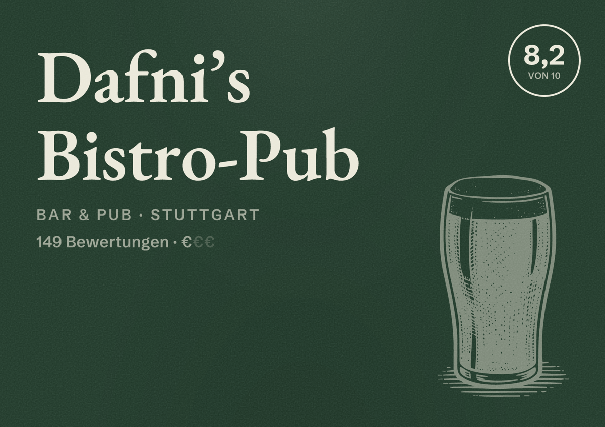 Illustriertes Poster von Dafni’s Bistro-Pub, Bar & Pub in Stuttgart: Bewertung 8,2 von 10 aus 149 Bewertungen, Preisniveau €