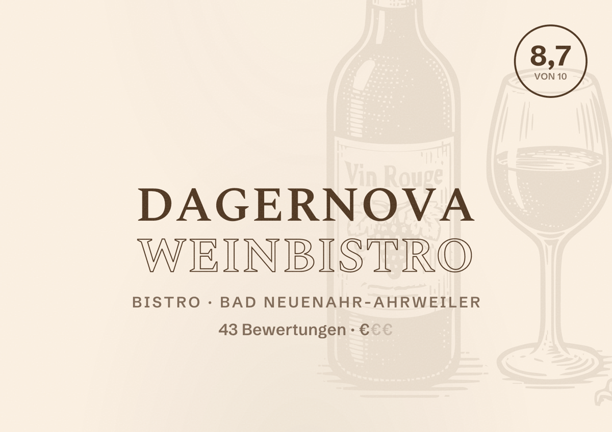 Illustriertes Poster von Dagernova Weinbistro, Bistro in Bad Neuenahr-Ahrweiler: Bewertung 8,7 von 10 aus 43 Bewertungen, Preisniveau €