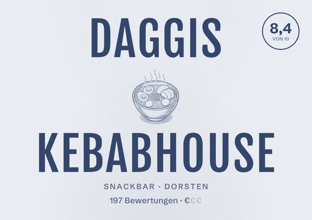 Illustriertes Poster von daggis kebabhouse, Snackbar in Dorsten: Bewertung 8,4 von 10 aus 197 Bewertungen, Preisniveau €