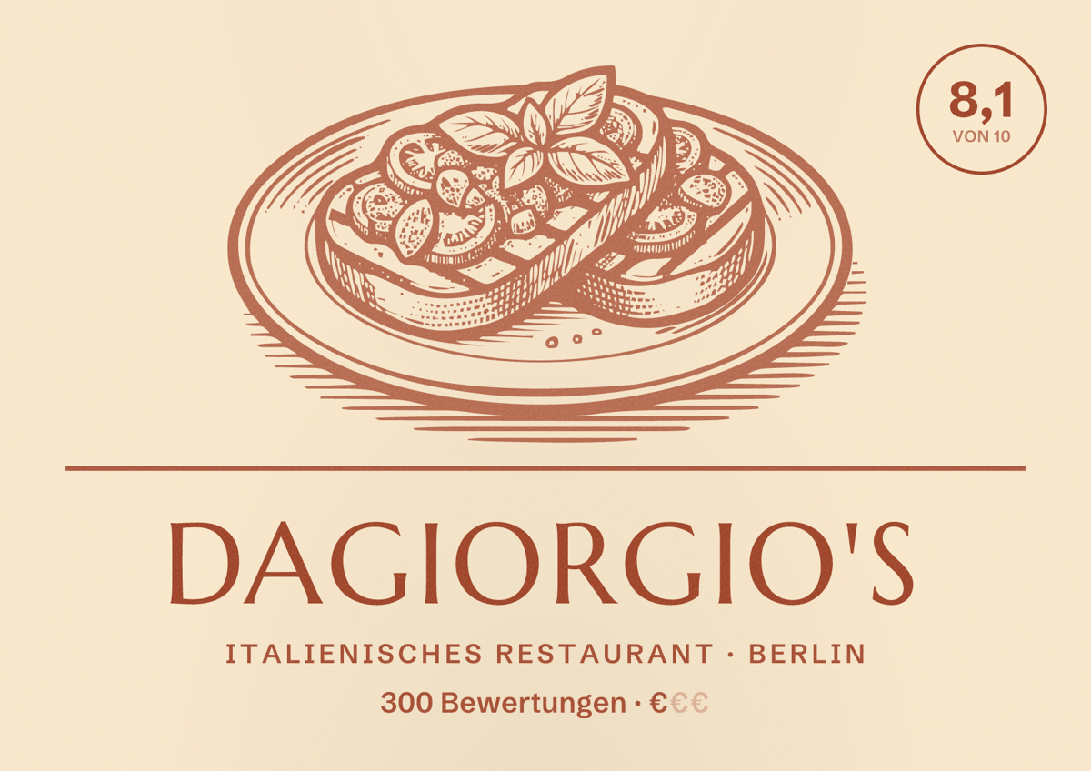 Illustriertes Poster von DaGiorgio's, Italienisches Restaurant in Berlin: Bewertung 8,1 von 10 aus 300 Bewertungen, Preisniveau €