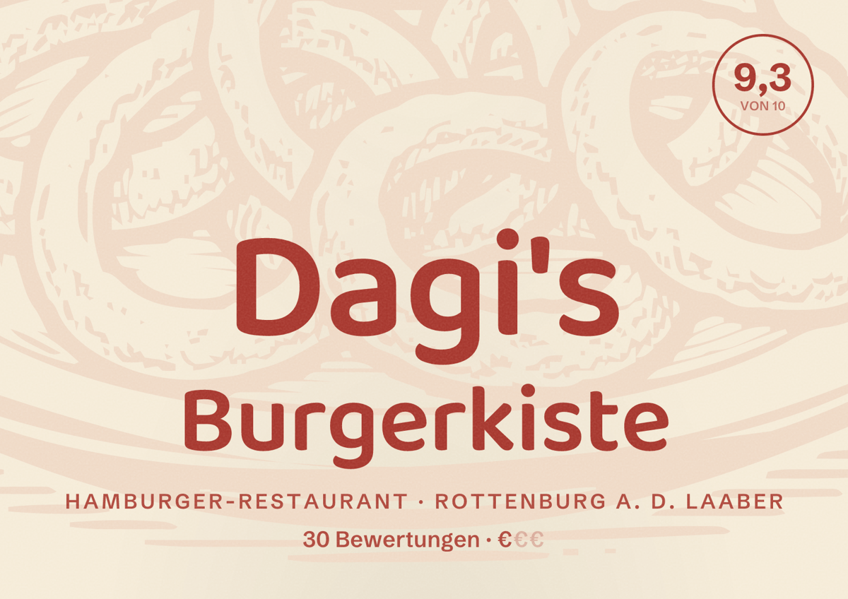 Illustriertes Poster von Dagi's Burgerkiste, Hamburger-Restaurant in Rottenburg a. d. Laaber: Bewertung 9,3 von 10 aus 30 Bewertungen, Preisniveau €