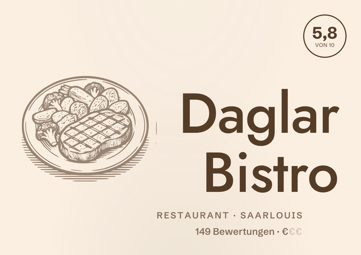 Illustriertes Poster von Daglar Bistro, Restaurant in Saarlouis: Bewertung 5,8 von 10 aus 149 Bewertungen, Preisniveau €
