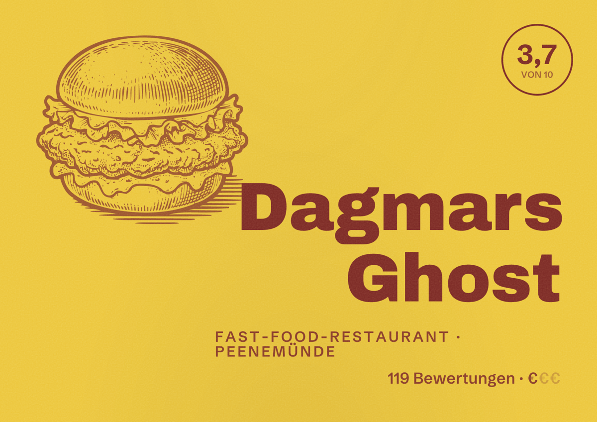 Illustriertes Poster von Dagmars Ghost, Fast-Food-Restaurant in Peenemünde: Bewertung 3,7 von 10 aus 119 Bewertungen, Preisniveau €