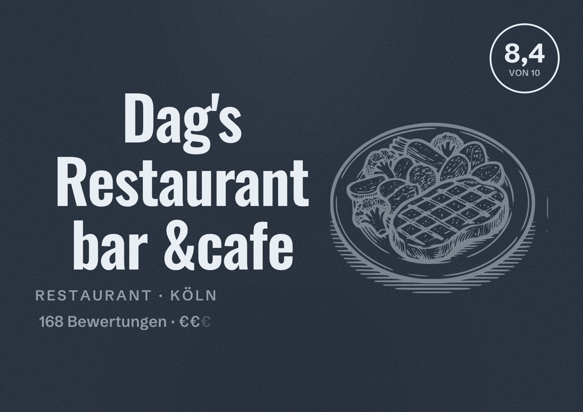 Illustriertes Poster von Dag's Restaurant bar &cafe, Restaurant in Köln: Bewertung 8,4 von 10 aus 168 Bewertungen, Preisniveau €€