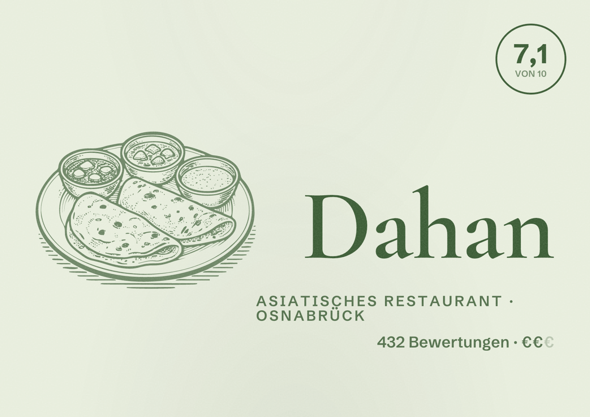 Illustriertes Poster von Dahan, Asiatisches Restaurant in Osnabrück: Bewertung 7,1 von 10 aus 432 Bewertungen, Preisniveau €€
