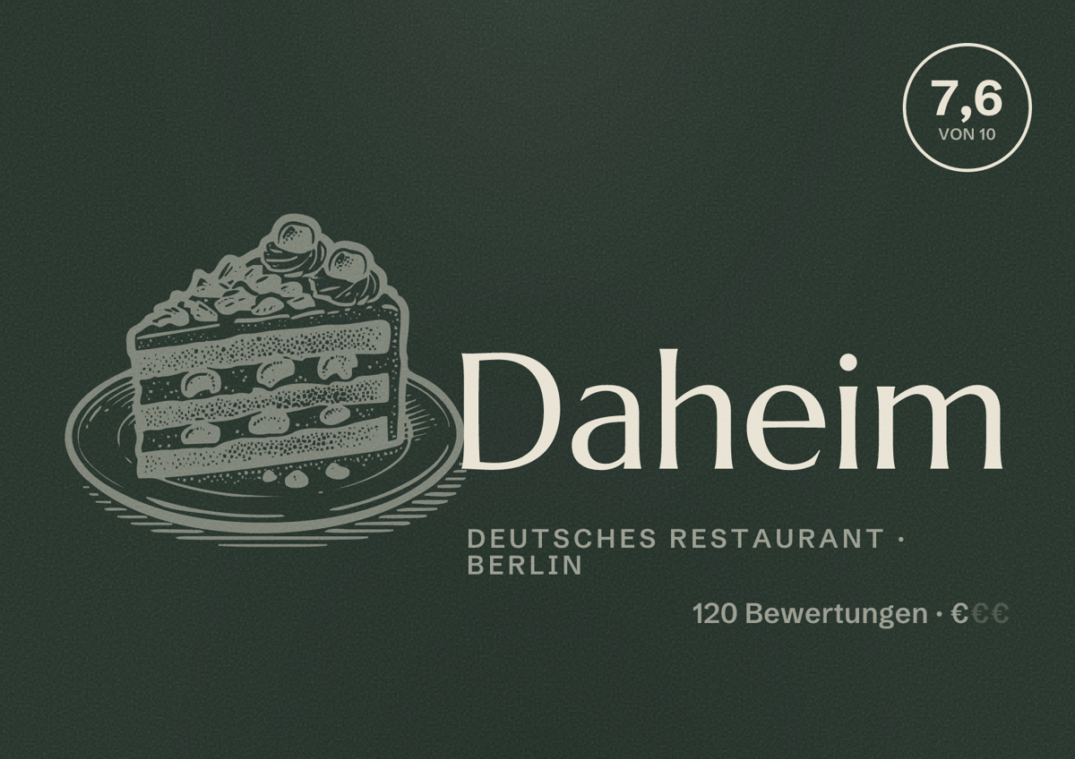 Illustriertes Poster von Daheim, Deutsches Restaurant in Berlin: Bewertung 7,6 von 10 aus 120 Bewertungen, Preisniveau €