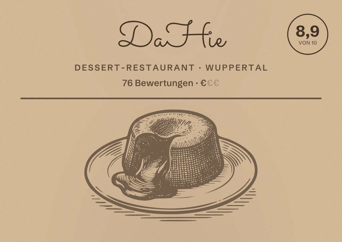 Illustriertes Poster von DaHie, Dessert-Restaurant in Wuppertal: Gästebewertung 8,9 von 10 aus 76 Bewertungen
