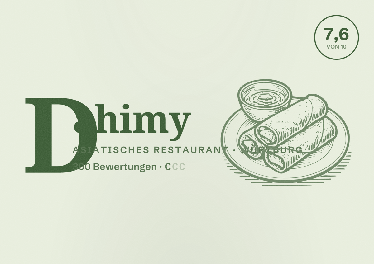 Illustriertes Poster von Dahimy, Asiatisches Restaurant in Würzburg: Bewertung 7,6 von 10 aus 300 Bewertungen, Preisniveau €