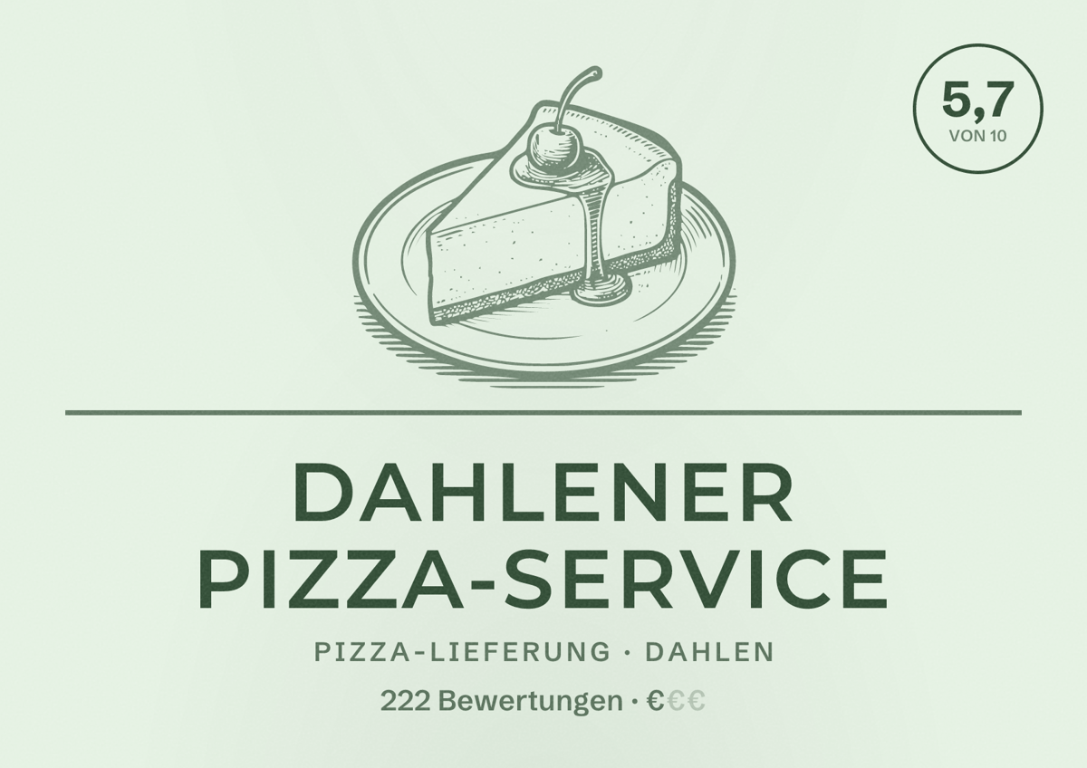 Illustriertes Poster von Dahlener Pizza-Service, Pizza-Lieferung in Dahlen: Bewertung 5,7 von 10 aus 222 Bewertungen, Preisniveau €