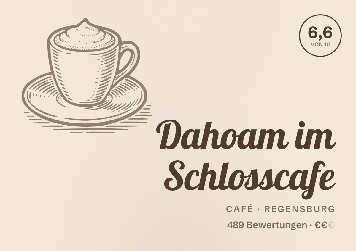 Illustriertes Poster von Dahoam im Schlosscafe, Café in Regensburg: Bewertung 6,6 von 10 aus 489 Bewertungen, Preisniveau €€