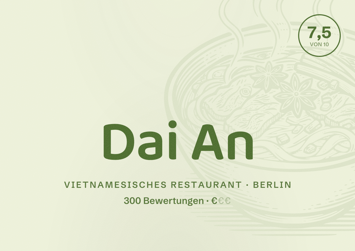 Illustriertes Poster von Dai An, Vietnamesisches Restaurant in Berlin: Bewertung 7,5 von 10 aus 300 Bewertungen, Preisniveau €