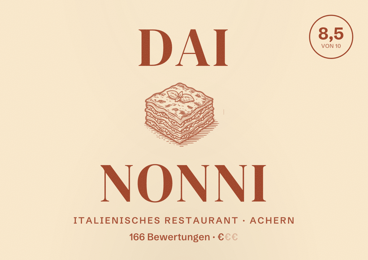 Illustriertes Poster von Dai Nonni, Italienisches Restaurant in Achern: Bewertung 8,5 von 10 aus 166 Bewertungen, Preisniveau €