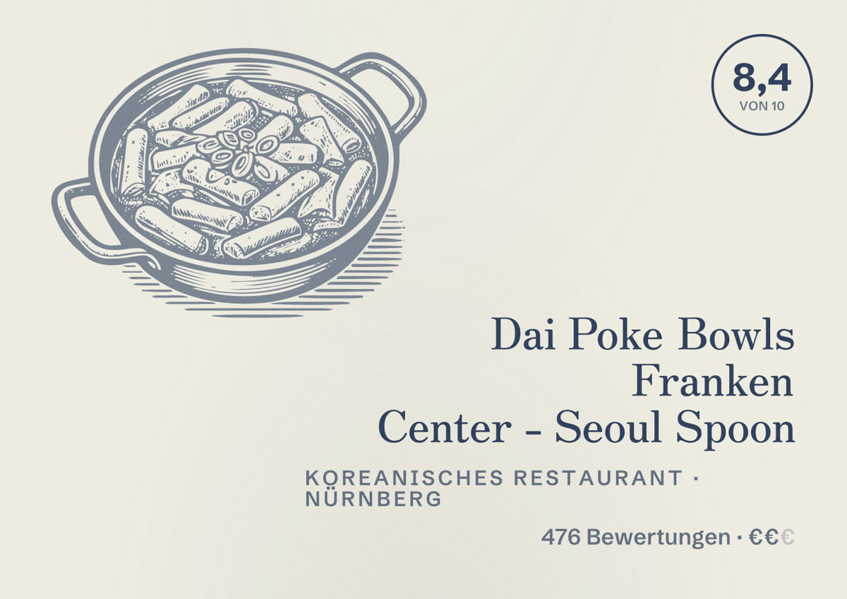 Illustriertes Poster von Dai Poke Bowls Franken Center - Seoul Spoon, Koreanisches Restaurant in Nürnberg: Bewertung 8,4 von 10 aus 476 Bewertungen, Preisniveau €€