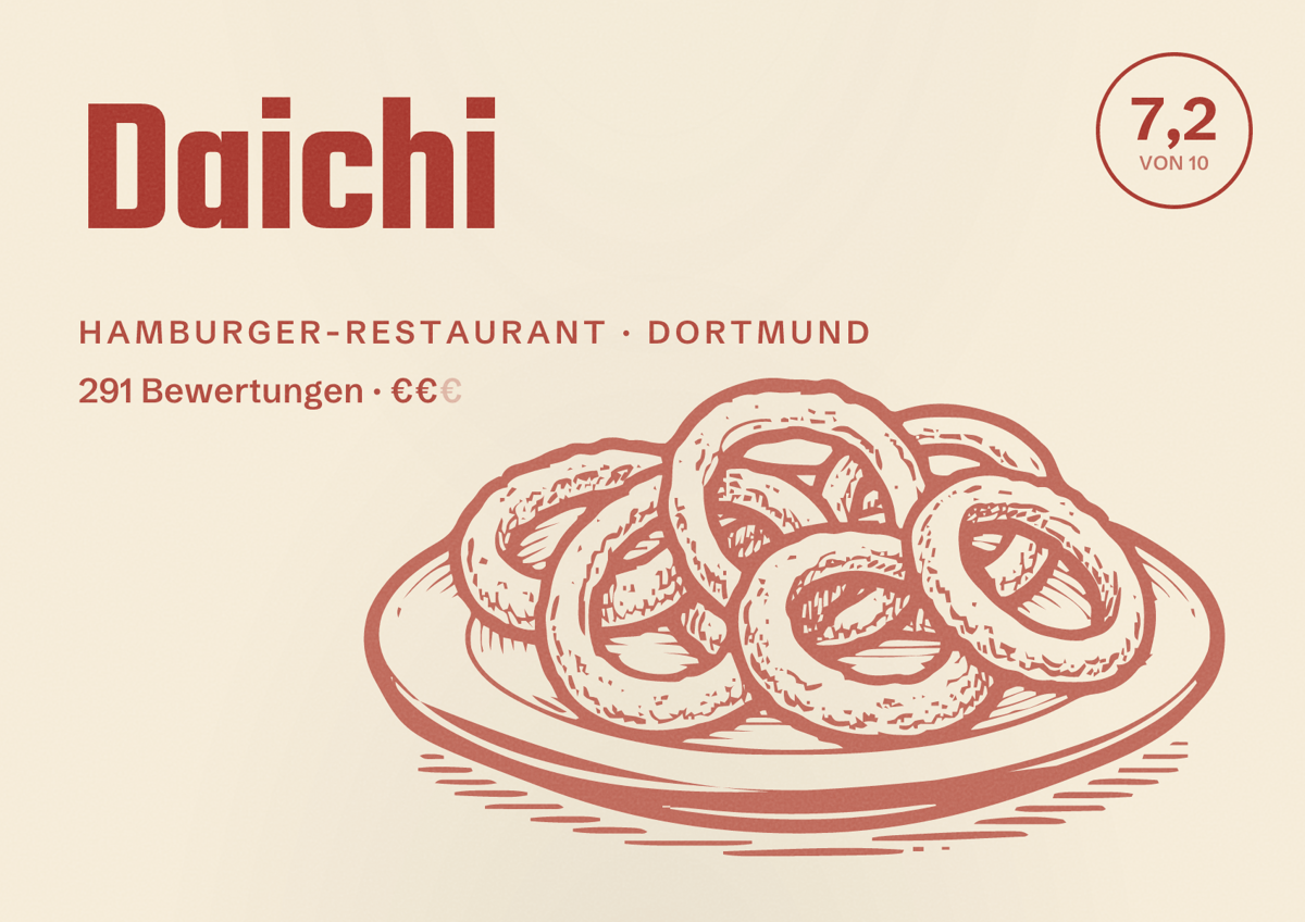 Illustriertes Poster von Daichi, Hamburger-Restaurant in Dortmund: Gästebewertung 7,2 von 10 aus 291 Bewertungen